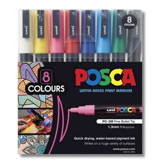 POSCA POSCA MARKERS FINE PC3M 0.9-1.3MM BULLET TIP COLOURS 8 PACK ASSORTED