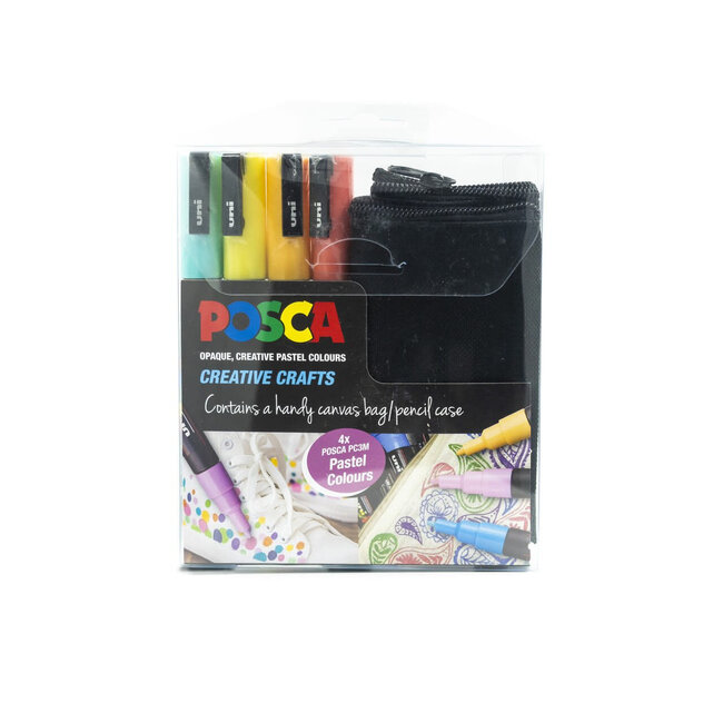 POSCA MARKERS FINE PC3M 0.9-1.3MM BULLET TIP COLOURS WITH CANVAS BAG 5 PACK ASSORTED