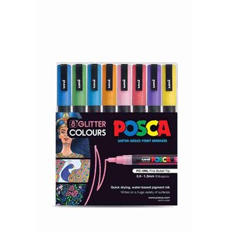 POSCA POSCA MARKERS FINE PC3M 0.9-1.3MM BULLET TIP GLITTER COLOURS 8 PACK ASSORTED SET