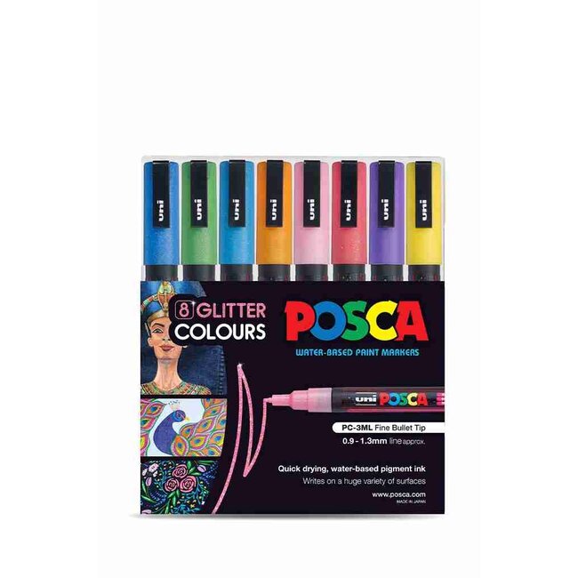 POSCA MARKERS FINE PC3M 0.9-1.3MM BULLET TIP GLITTER COLOURS 8 PACK ASSORTED SET