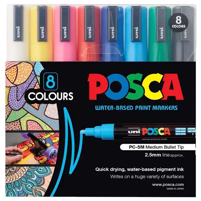 POSCA PC-5M Assorted Colours Paint Marker Bullet Tip Wallet Of 8