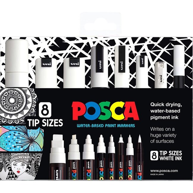 POSCA ONE OF EACH TIP SIZE 8 PIECE SET WHITE