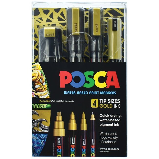UNI POSCA PAINT MKR ASSORTED TIP SIZES GOLD 4P