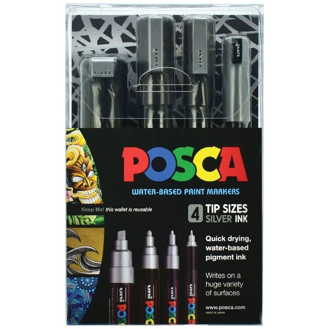 UNI POSCA PAINT MKR ASSORTED TIP SIZES SILVER 4P