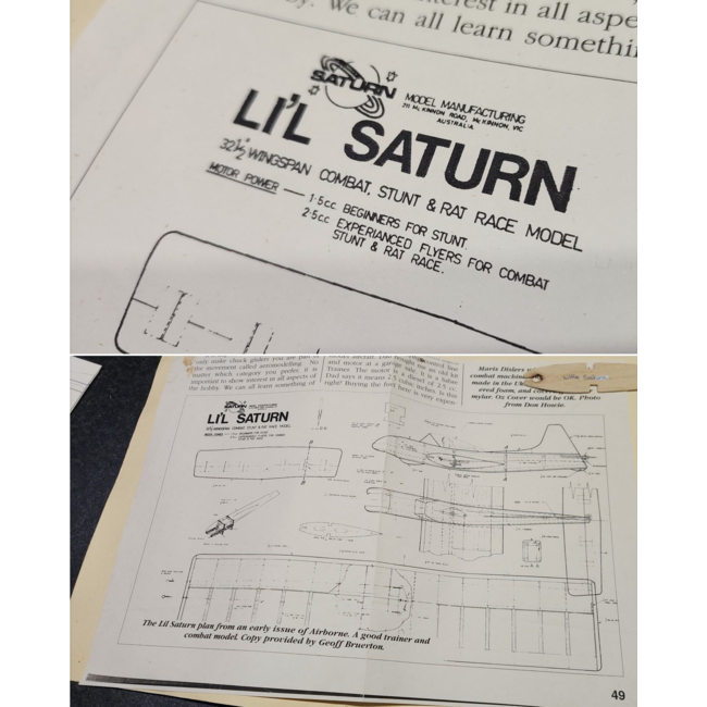 SATURN HOBBIES LIL SATURN 2.5-3.5cc 32.5" Span VINTAGE CONTROL LINE STUNTER KIT BY TONY CINCOTTA lable has slight water damage contents is ok