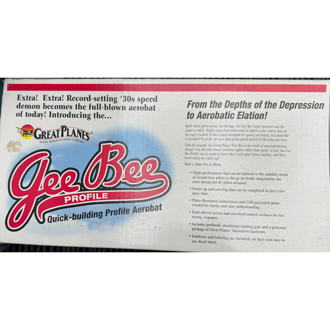 GREAT PLANES  GEE BEE PROFILE RC KIT  44.5" SPAN .32-.46 2 STROKE .40-.52 4 STROKE ENGINES ( SLIGHT WATER DAMAGE TO BOX ONLY )