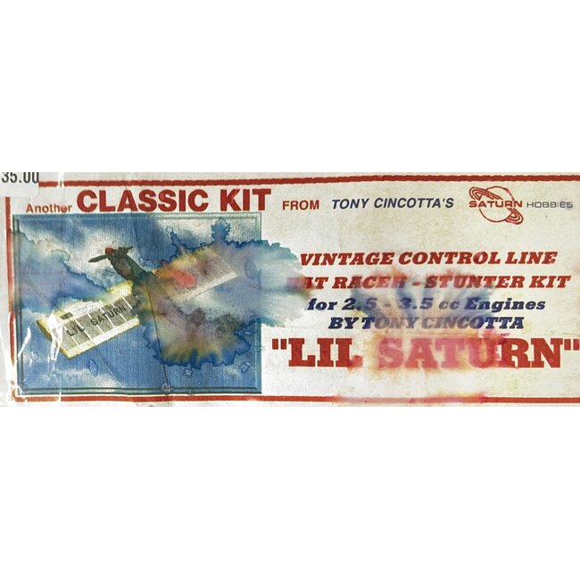 SATURN HOBBIES LIL SATURN 2.5-3.5cc 32.5" Span VINTAGE CONTROL LINE STUNTER KIT BY TONY CINCOTTA lable has slight water damage contents is ok