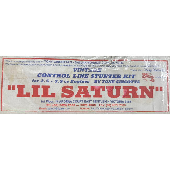 SATURN HOBBIES LIL SATURN 2.5-3.5cc 32.5" Span VINTAGE CONTROL LINE STUNTER KIT BY TONY CINCOTTA lable has slight water damage contents is ok