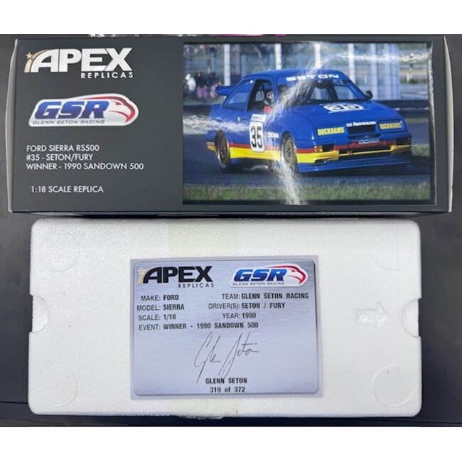APEX 1:18  GSR FORD SIERRA RS500 #35 GLEN SEATON/FURY WINNER 19090 SANDOWN 500  "EX DECEASED ESTATE SOLD AS IS"