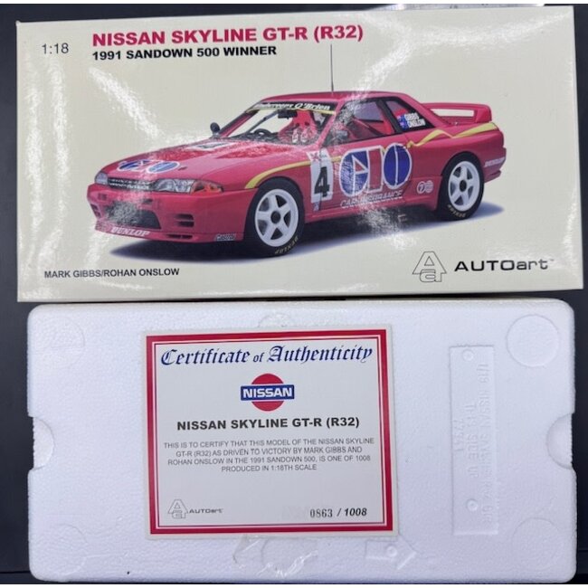 BIANTE  1:18 #4 GIO NISSAN SKYLINE GT-R R32 1991 SANDOWN 500 WINNER GIBBS / ONSLOW  863/1008  "EX DECEASED ESTATE SOLD AS IS "