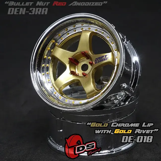 DS Racing Drift Element Wheel - Adj. Offset (2) / Gold Chrome Lip with Gold Rivets 