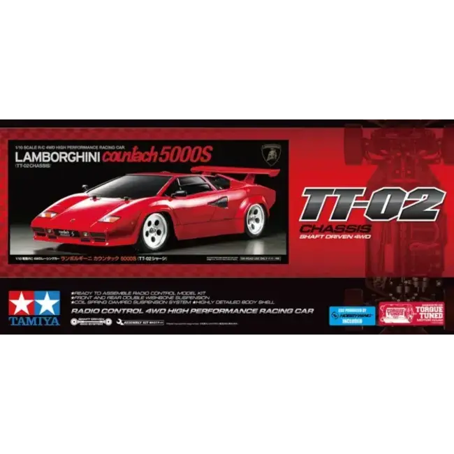 *** PRE ORDER LATE 2026 ****DEPOSIT ONLY PRICE TBC  TAMIYA RC Lamborghini Countach 5000S (TT-02) Assembly Kit (Limited Edition) 1/10 RC KIT INCLUDES ESC  REQUIRES TX, RX, SERVO, BATTERY CHARGER & PAINT