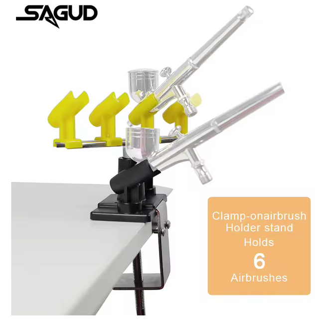 SAGUD Airbrush Holder Clamp-on Style Air Brush Station Stand Kit 360° Rotate Holds Up to 6 Airbrushes AVAIL YELLOW & BLACK OR BLACK ONLY