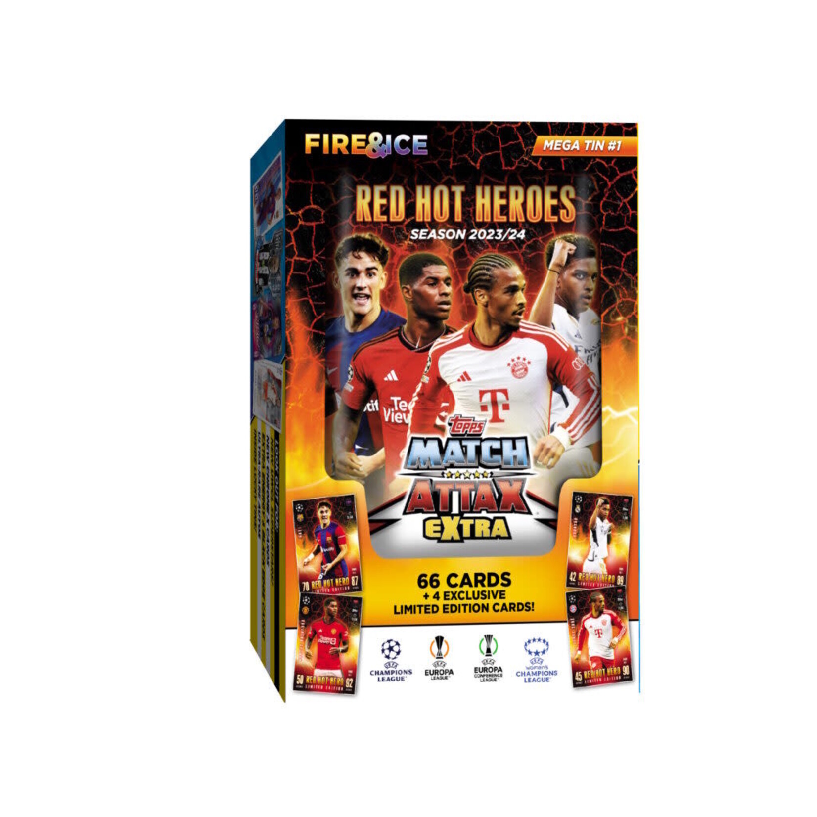 Topps 2023-24 TOPPS MATCH ATTAX EXTRA UEFA CHAMPIONS LEAGUE CARDS – MEGA TIN (66 CARDS + 4 LE) (CASE PACK OF 6)