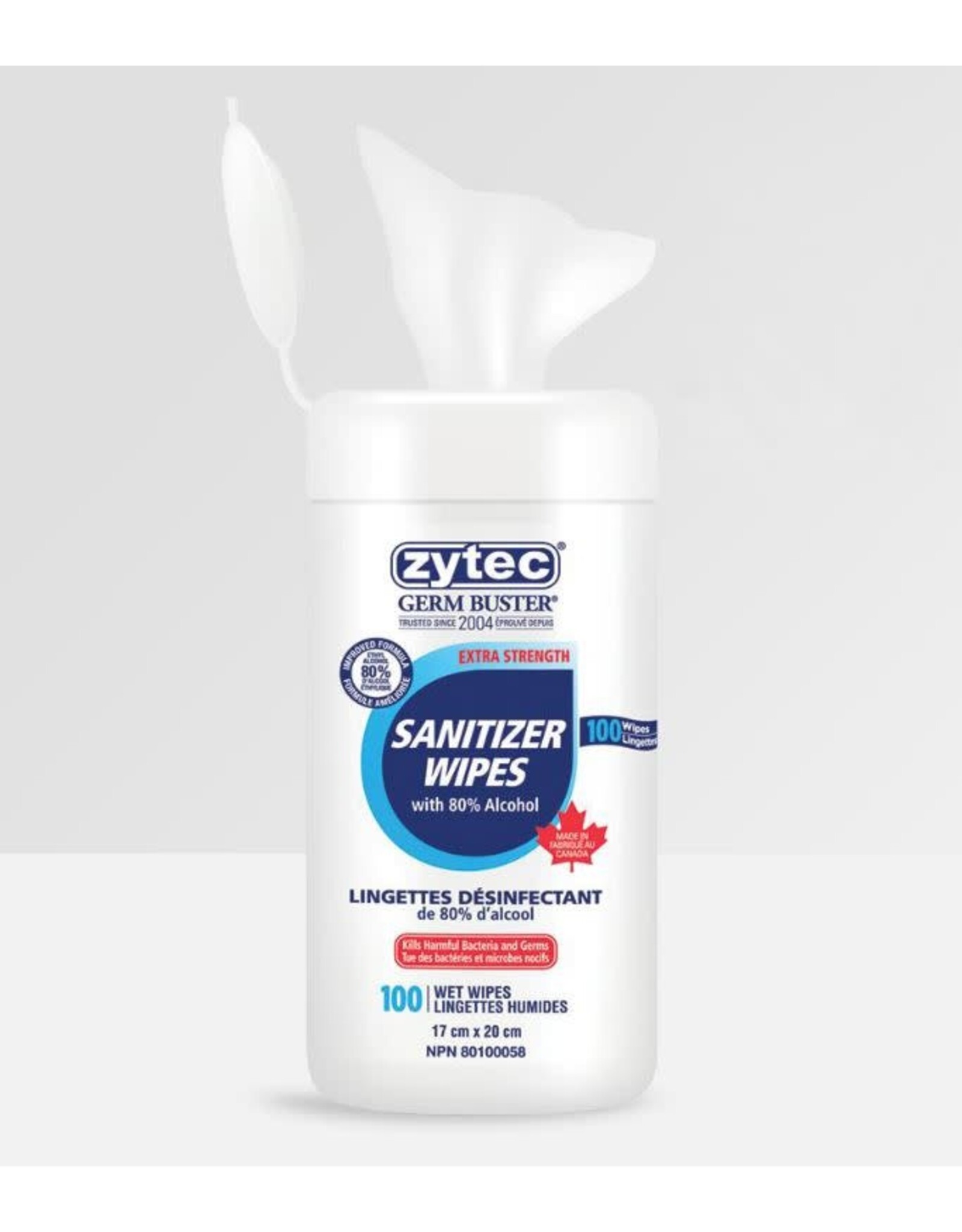 Zytec Sanitizer Wipes, 80%, 100/Tub