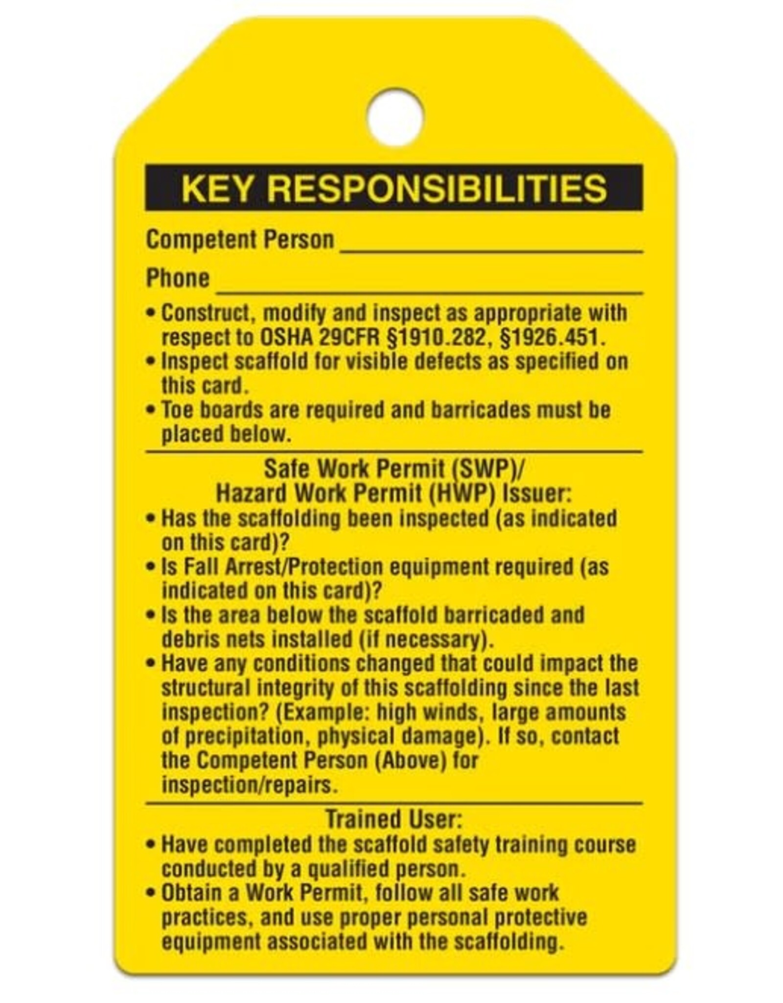 SCAFFOLD INSPECTION Safety Tag, 25/Pk