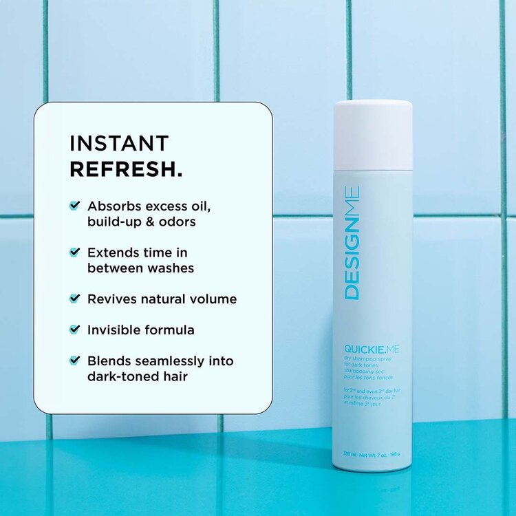 DESIGN.ME Quickie.Me | Shampooing Sec Tons Foncés – Rafraîchit les Racines et Absorbe le Sébum Sans Voile Blanc