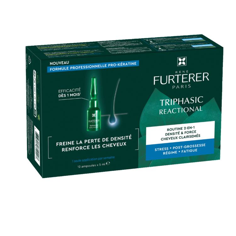 René FURTERER Paris Triphasic Réactionnelle | Sérum Concentré Cheveux Clairsemés Routine 2-en-1 Densité et Force (12 Ampoules*5ml)