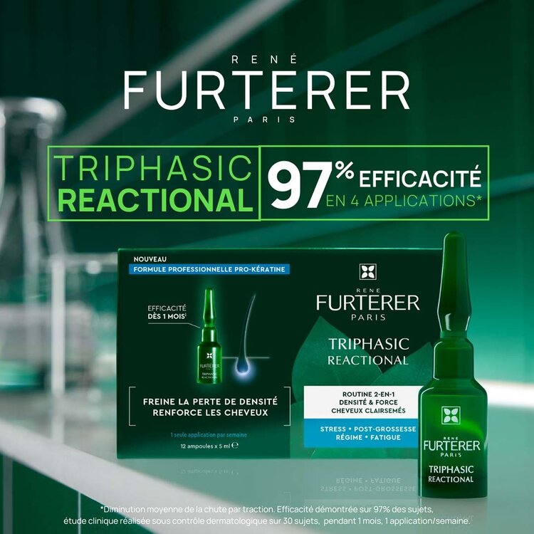 René FURTERER Paris Triphasic Reactional | Concentrated Serum Hair Tihckening 2-in-1 Density & Strength (12 Ampoules*5ml)