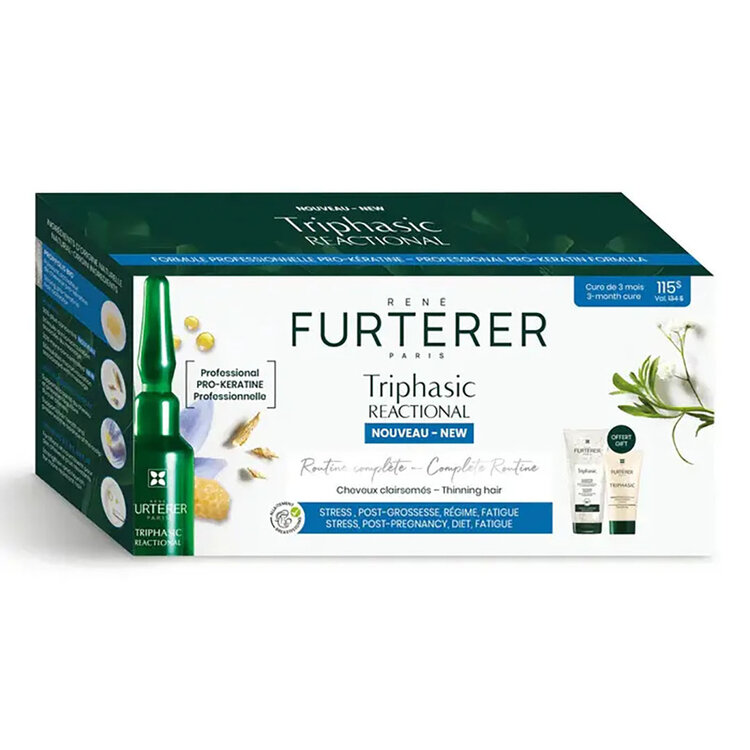 René FURTERER Paris Triphasic Réactionnelle | Sérum Concentré Cheveux Clairsemés Routine 2-en-1 Densité et Force (12 Ampoules*5ml)
