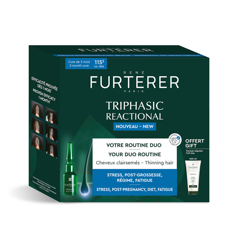 René FURTERER Paris Triphasic Réactionnelle | Sérum Concentré Cheveux Clairsemés Routine 2-en-1 Densité et Force (12 Ampoules*5ml)