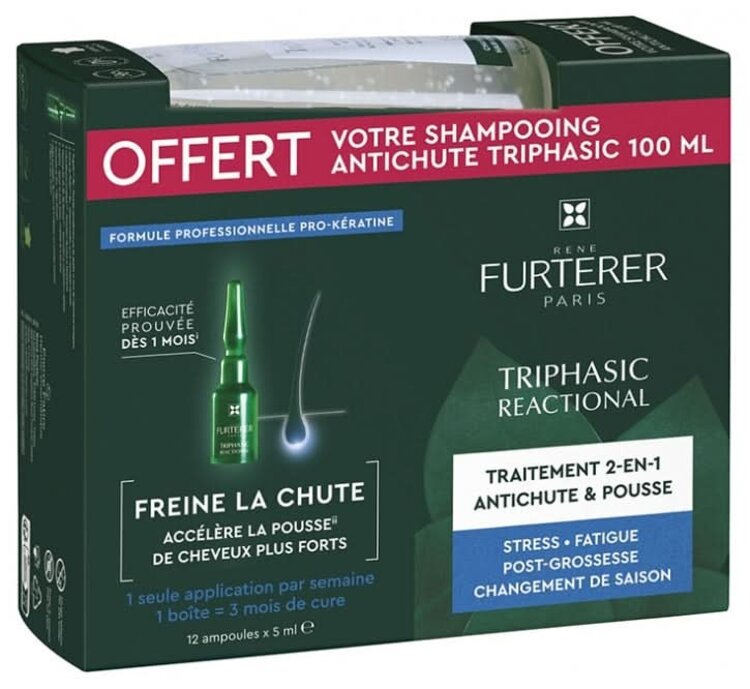 René FURTERER Paris Triphasic Réactionnelle | Sérum Concentré Cheveux Clairsemés Routine 2-en-1 Densité et Force (12 Ampoules*5ml)