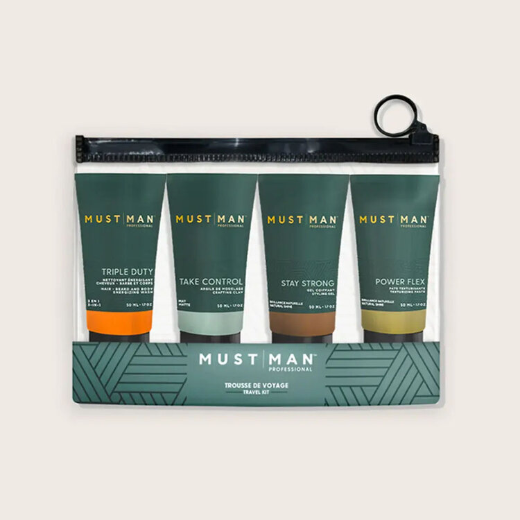 MUST | MAN Professional Travel Kit | Wash & Style — Holiday Set 2025 – Essential grooming minis for hair, beard & styling
