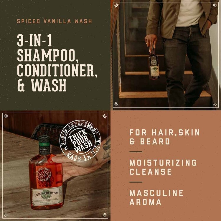 18.21 MAN MADE Spiced Vanilla | Wash Barbe, Cheveux et Corps – Shampooing et Revitalisant 3-en-1