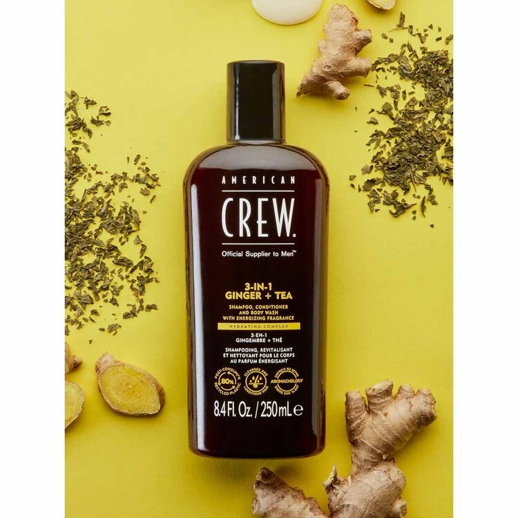 AMERICAN CREW 3-En-1 | Gingembre + Thé – Shampooing, Revitalisant et Gel Douche