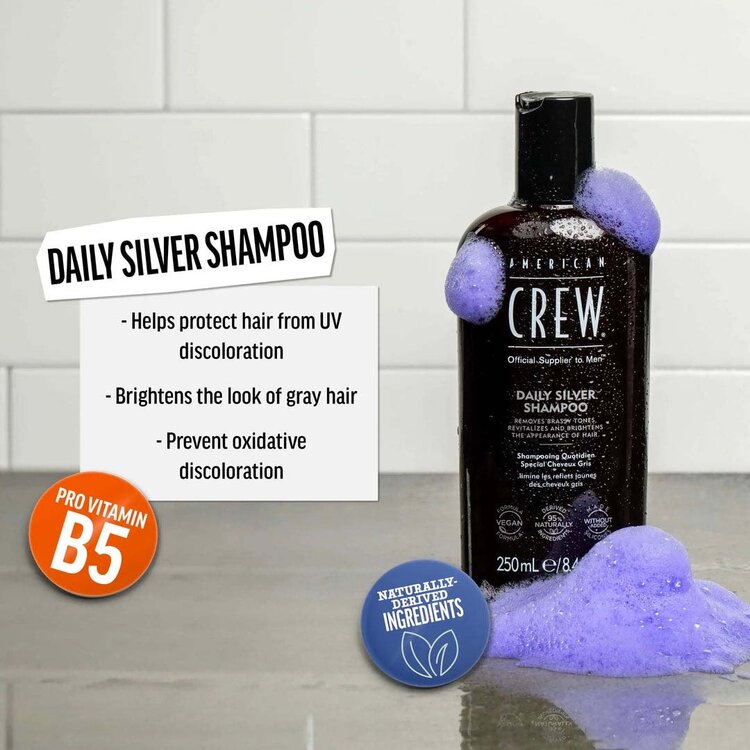 AMERICAN CREW Shampooing Argent Quotidien – Neutralisation des Reflets Jaunes et Éclat des Cheveux Gris