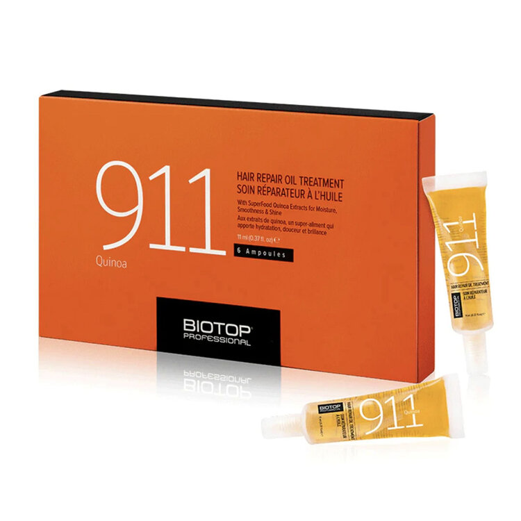 BIOTOP PROFESSIONAL 911 Quinoa |  Soin Réparateur à l'Huile (6 Ampoules de 11ml / 0.37oz) — Cure intensive pour cheveux secs et abîmés