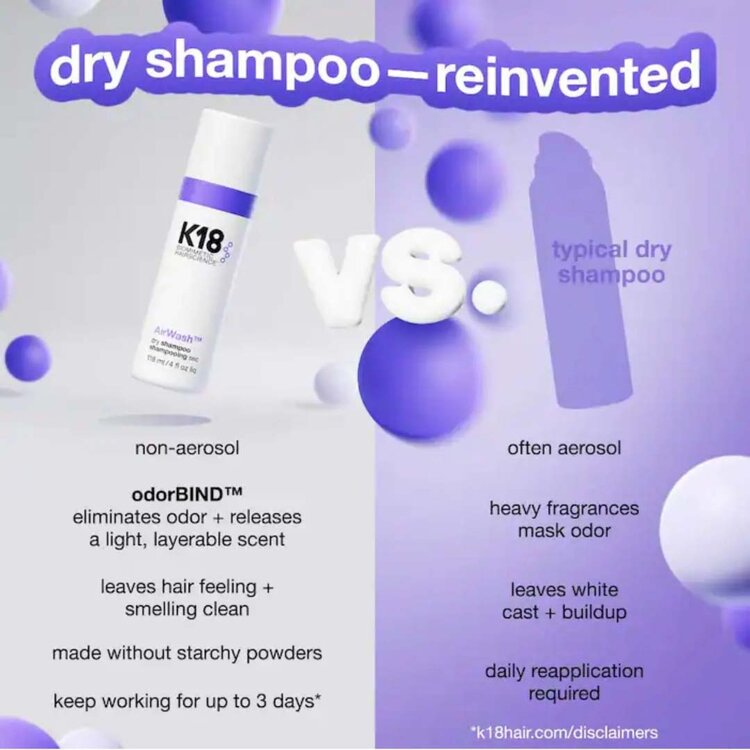 K18 Biomimetic Hairscience AirWash | Shampooing Sec – Nettoyant léger sans eau pour rafraîchir les racines  (*47ml/1.6oz)