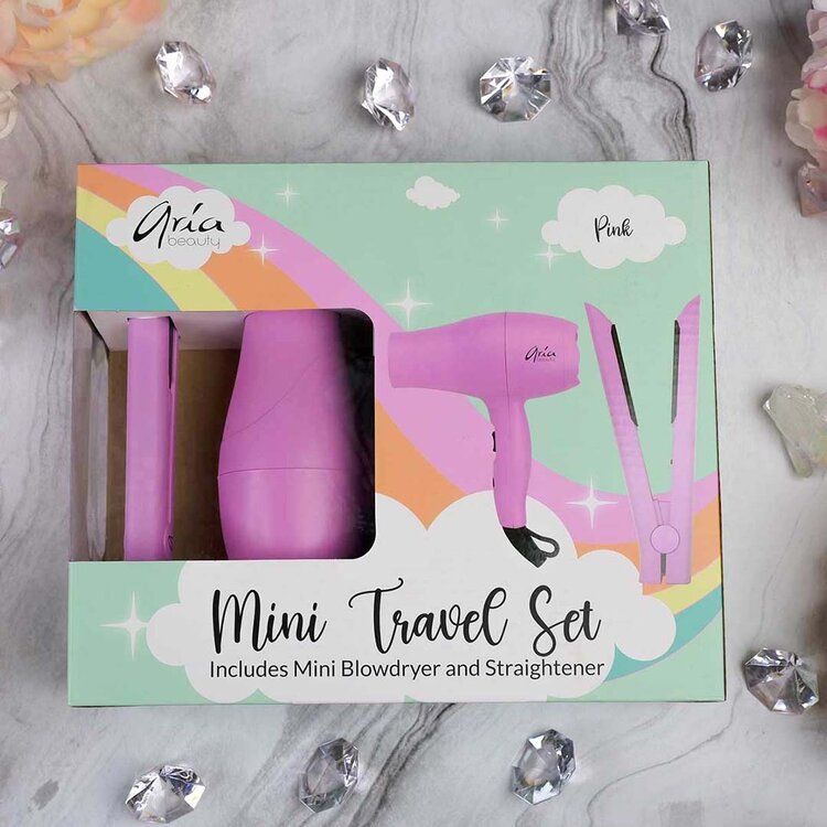 ARIA Beauty Ensemble de Voyage | Mini Sèche-Cheveux et Fer à Lisser - Rose