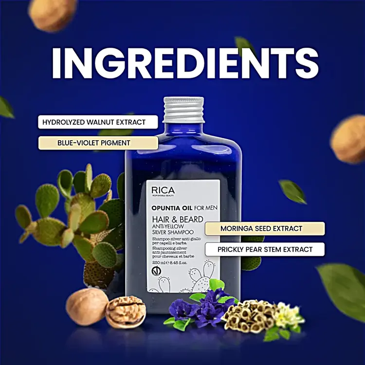 RICA Opuntia Oil For Men | Hair & Beard Anti-Yellow Silver Shampoo - Anti-Yellowing Hair & Beard Shampoo (250ml/8.45oz)
