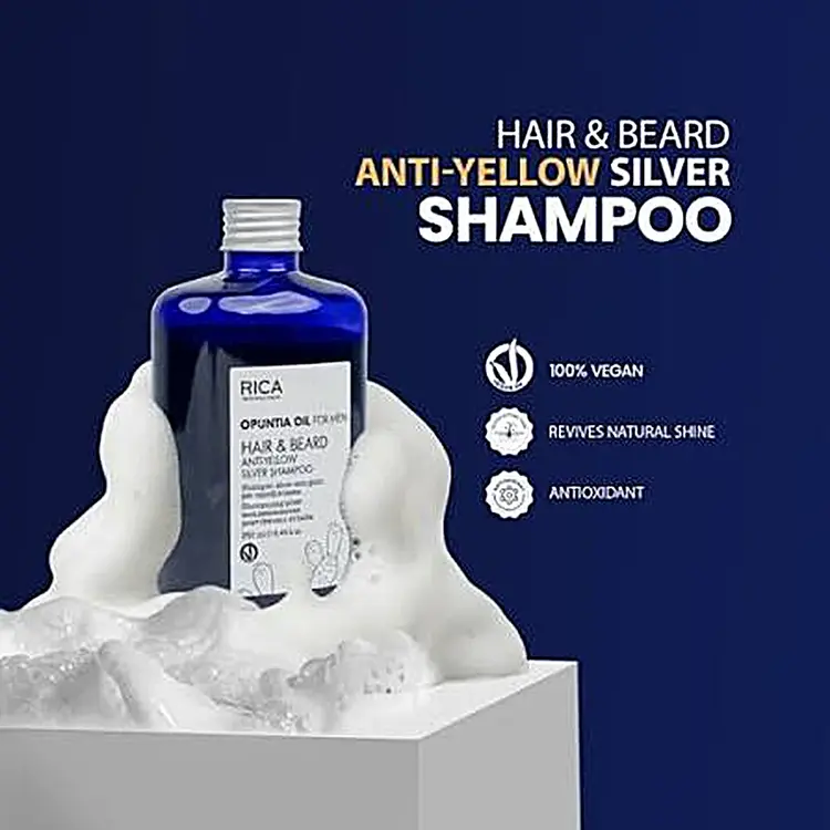 RICA Opuntia Oil For Men | Hair & Beard Anti-Yellow Silver Shampoo - Anti-Yellowing Hair & Beard Shampoo (250ml/8.45oz)