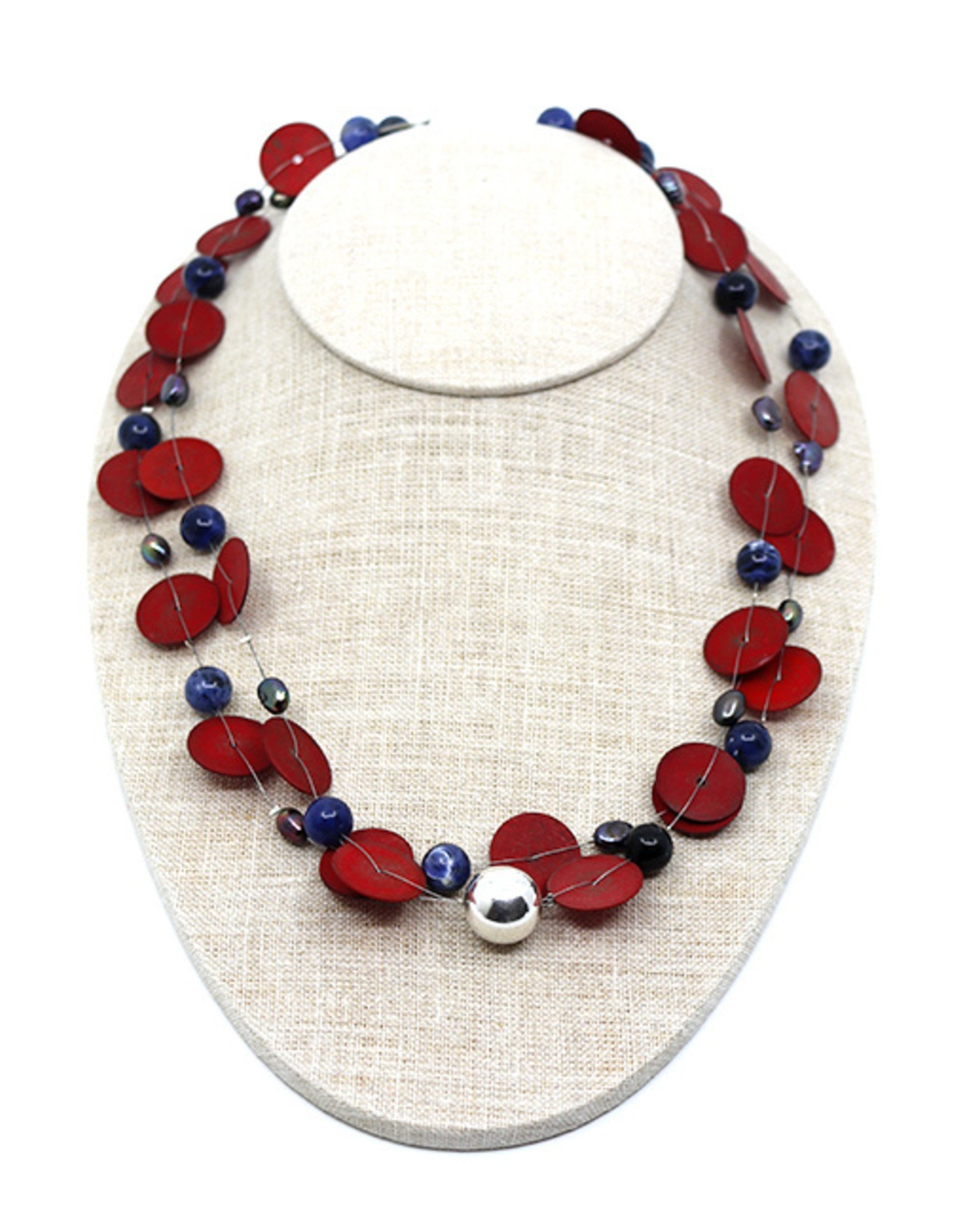 Neckl. Sterl, sodalite, pearl + man made material