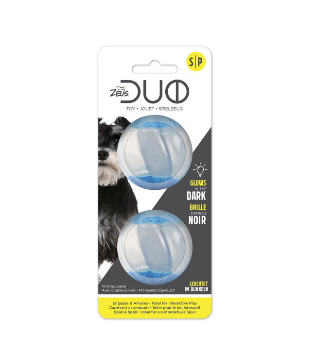 Zeus Duo Ball 5cm with Squeaker & Glow 2pk