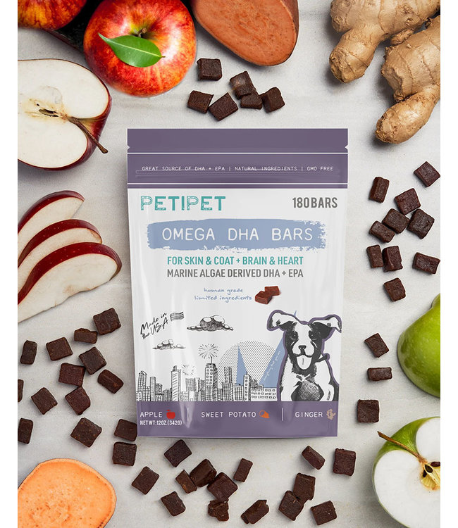 Petipet Omega DHA Bars Skin & Coat + Brain & Heart Treats for Dogs (Apple/Sweet Potato) 228 g (8 oz)