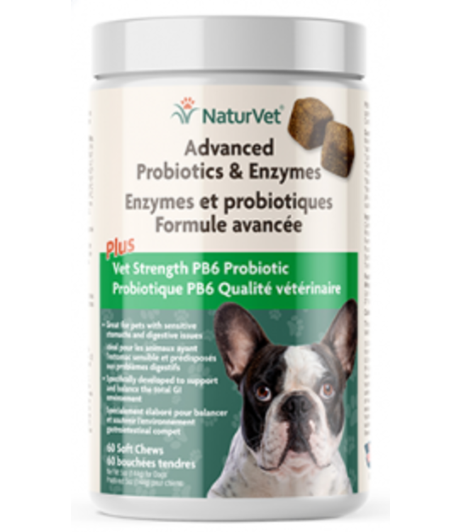 NaturVet Advanced Probiotics & Enzymes Plus Vet Strength PB6 Probiotic (60ct) Soft Chews for Dogs