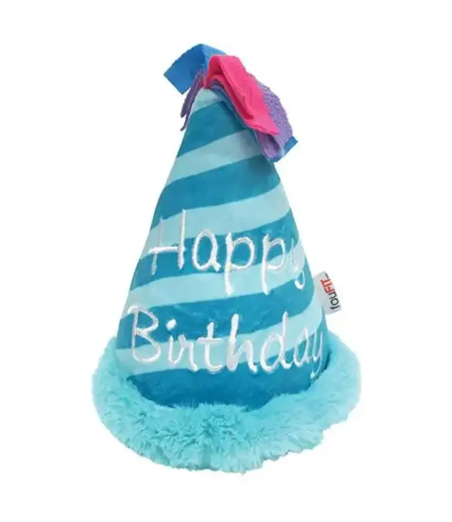 Fou Fou Brands Birthday Hat Crinkle Plush Dog Toy Blue 6 in
