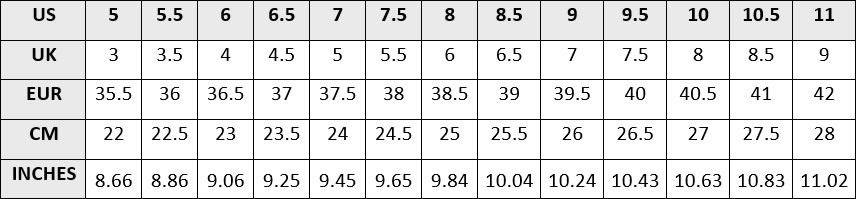 Size Chart – Heels Shoes