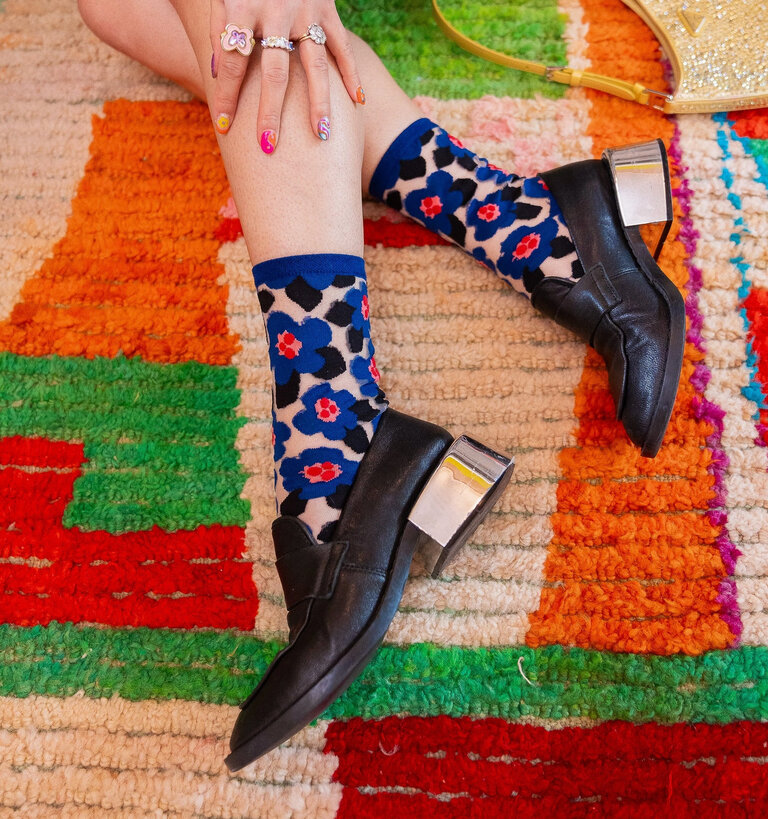 Sock Candy SOCK CANDY BLUE FLORAL SHEER CREW SOCK