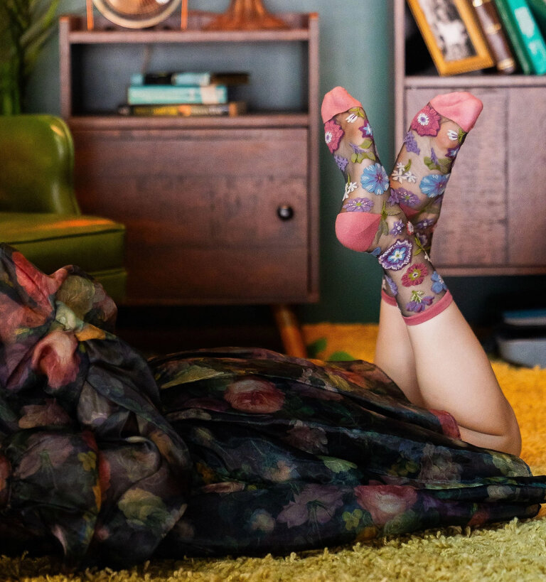 Sock Candy SOCK CANDY DARK FLORAL SHEER CREW SOCK