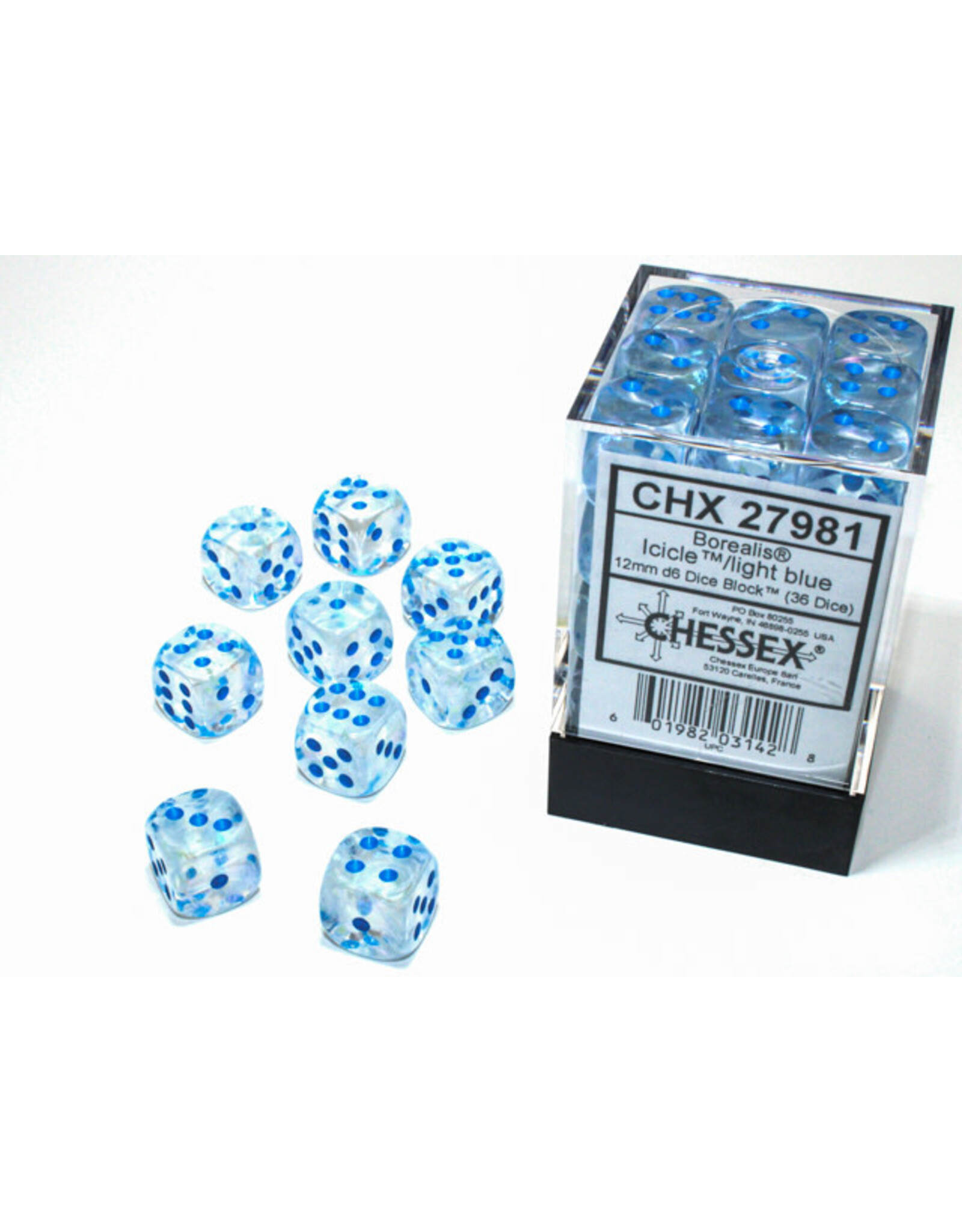 Chessex Borealis Luminary Icicle/Light Blue Dice [12mm, 36D6]