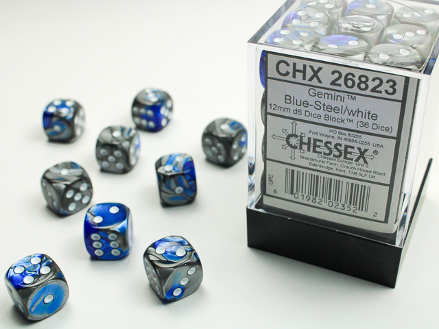 Chessex Gemini Blue-Steel/White Dice [36D6]