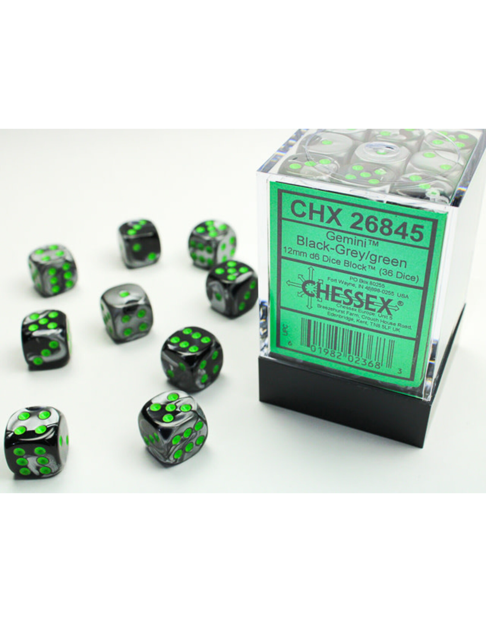 Chessex Gemini Black-Grey/Green Dice [36D6]