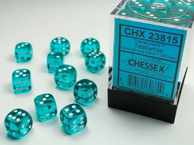Chessex Translucent Teal/White Dice [12mm, 36D6]