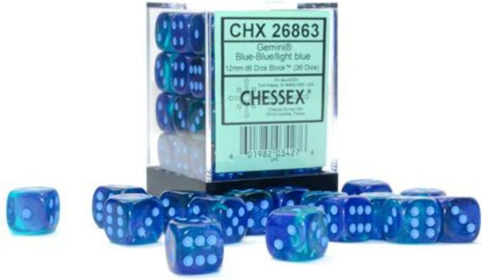 Chessex Gemini Luminary Blue-Blue/Light Blue Dice [12mm, 36D6]