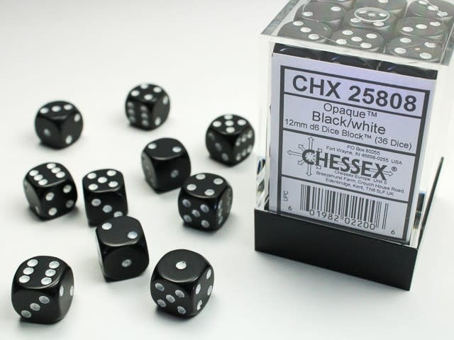 Chessex Opaque Black/White Dice [12mm, 36D6]