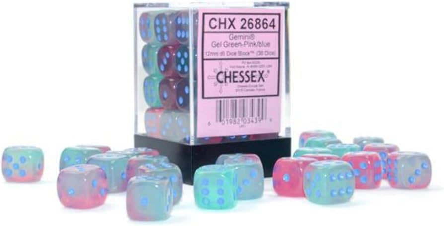 Chessex Gemini Luminary Gel Green-Pink/Blue Dice [12mm, 36D6]
